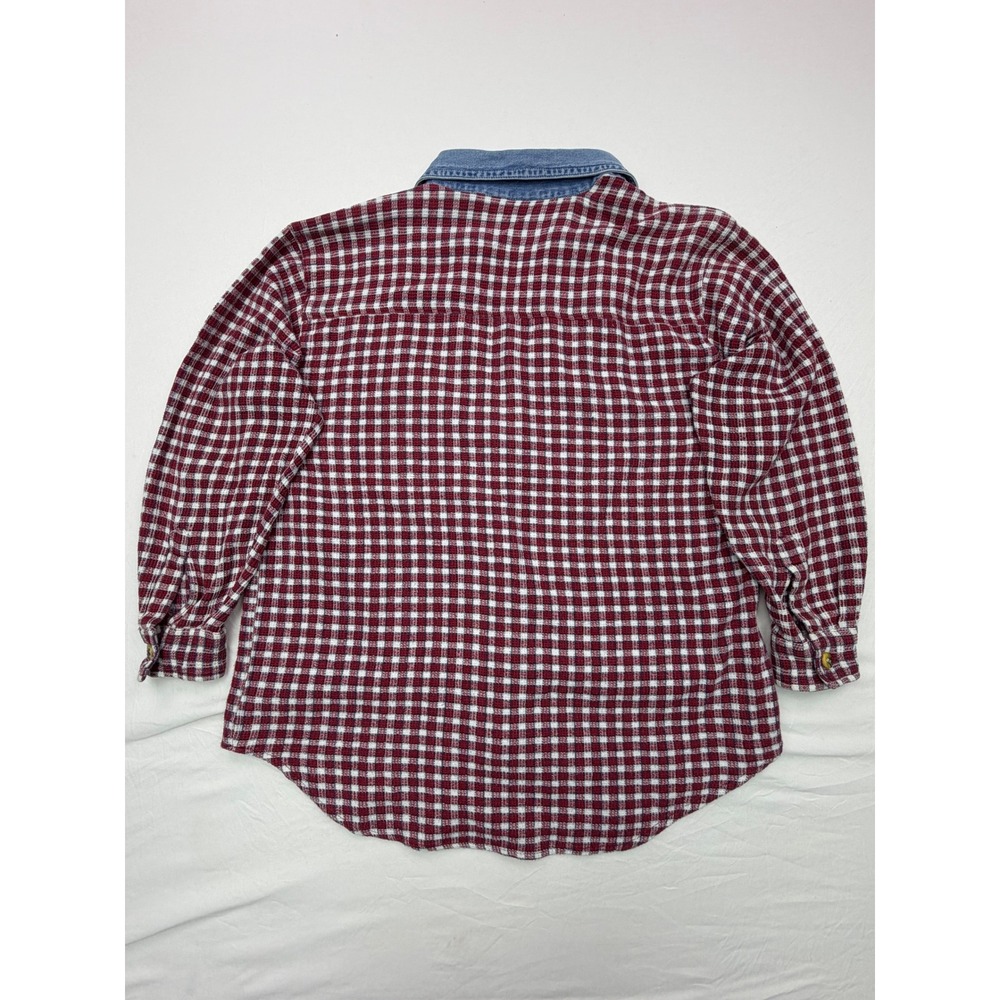 Vintage Red Gingham Waffle Texture Button Down Shirt Denim Collar Cotton Nepal M - Picture 7 of 10
